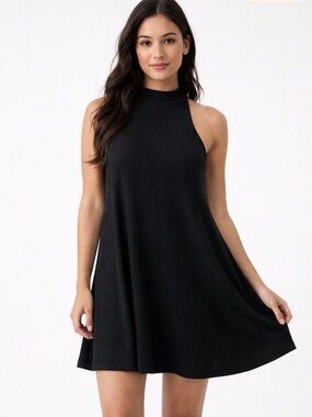 🌸2/20 Hollister Black Ribbed Halter Swing Dress Size Small Y2K Mini Dress